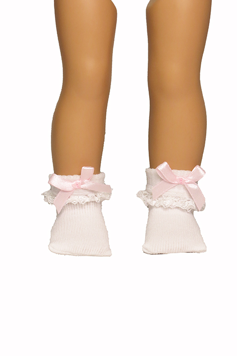 18" White Lace Socks with Satin Pink Bow 3800 - American Fashion World